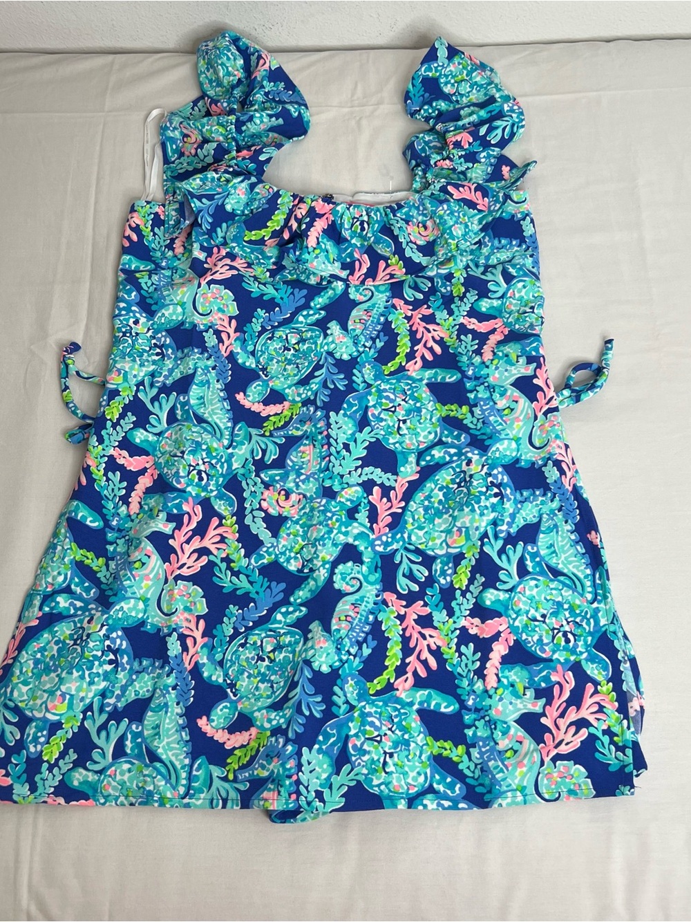 Nwt LILLY PULITZER Zoya Ruffle Romper -Corsica Blue Turtle Villa- Size 8 - Picture 5 of 9